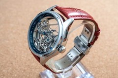Mens Flywheel Bridge Movement Automatic Mechanical Watch Silver Red Leather Gift
