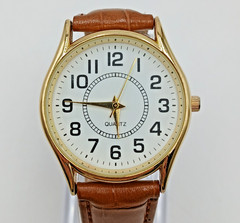Quartz Watch Unisex Gold Tone Brown Faux Croc Skin upto 8.5in Seconds Hand Japan