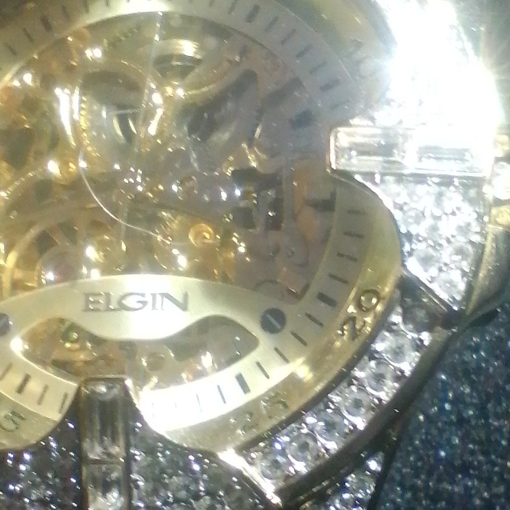 Elgin Women&rsquo;s Analog Wristwatch Skeleton Dial Two-Tone Bracelet Gem-Set Bezel
