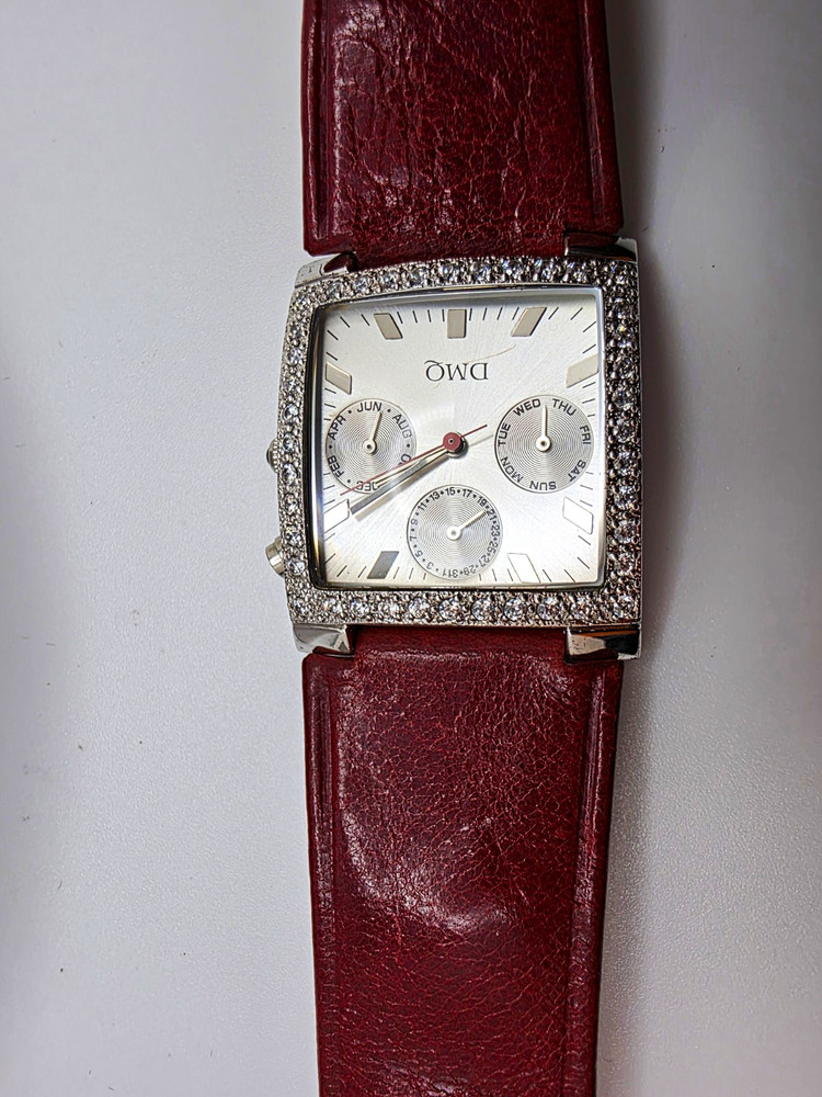 DMQ Diamonique Women&rsquo;s Crystal Bezel Multifunction Quartz Watch Red Leather Band