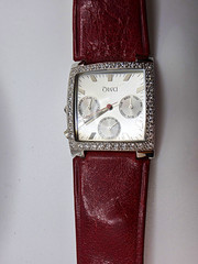 DMQ Diamonique Women&rsquo;s Crystal Bezel Multifunction Quartz Watch Red Leather Band