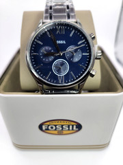 Mens FOSSIL Fenmore Multifunction Watch Blue Dial Day Date Stainless Steel Band