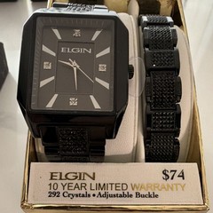 NIB Elgin Men&rsquo;s Black Tone Watch & Bracelet Gift Set Crystal Accent Rectangular