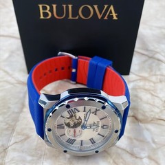 Bulova Marine Star Blue/WhiteDial Red Silicone Men&rsquo;s Automatic 98A225 Watch 45mm