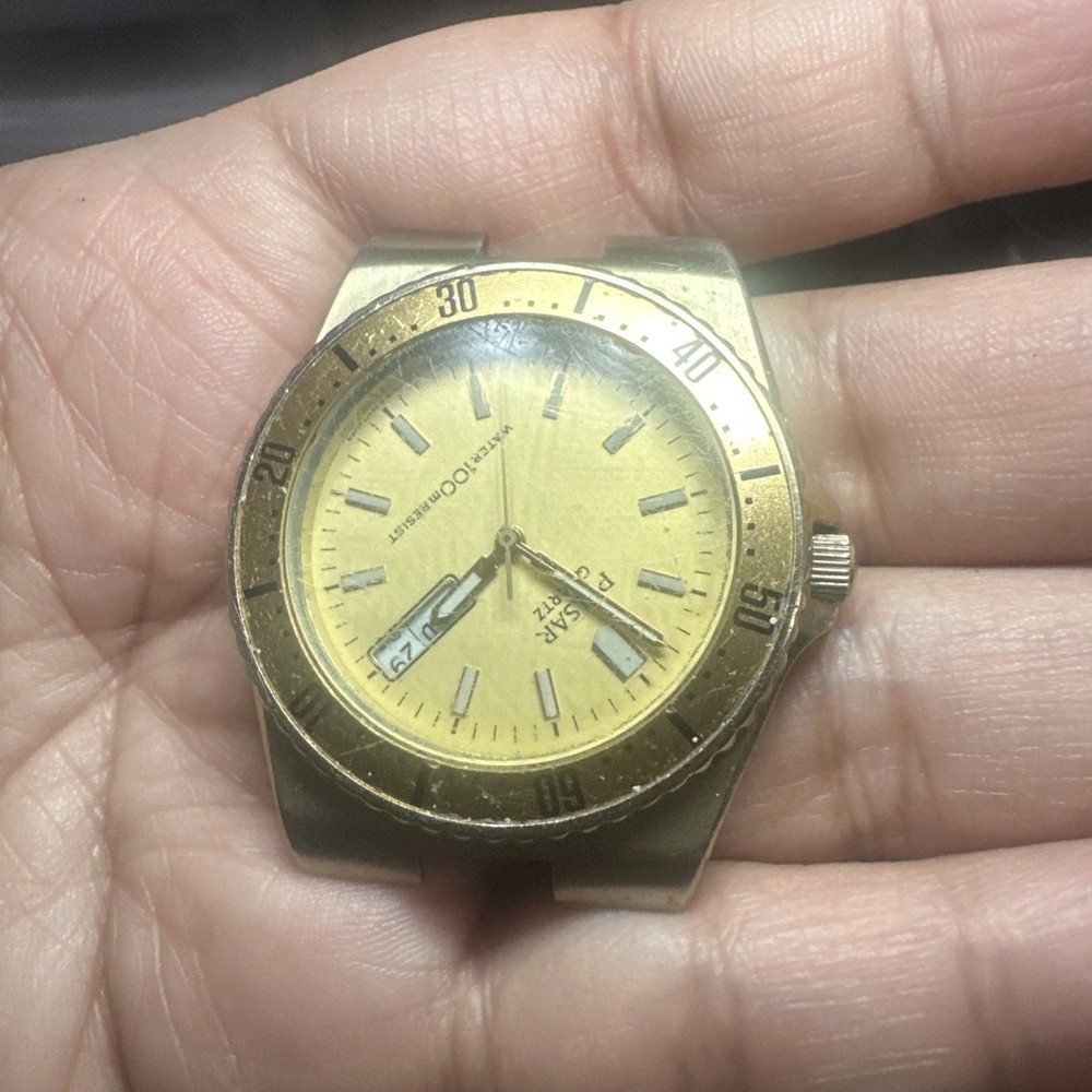 Works VTG Pulsar Divers Mens Watch & Rotating Bezel Quartz 38mm Gold Tone REPAIR