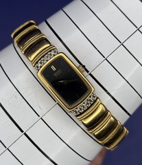 Seiko Tank Watch Women 13mm Black Dial Gold Tone Rectangle 2E20-6929 #3.14