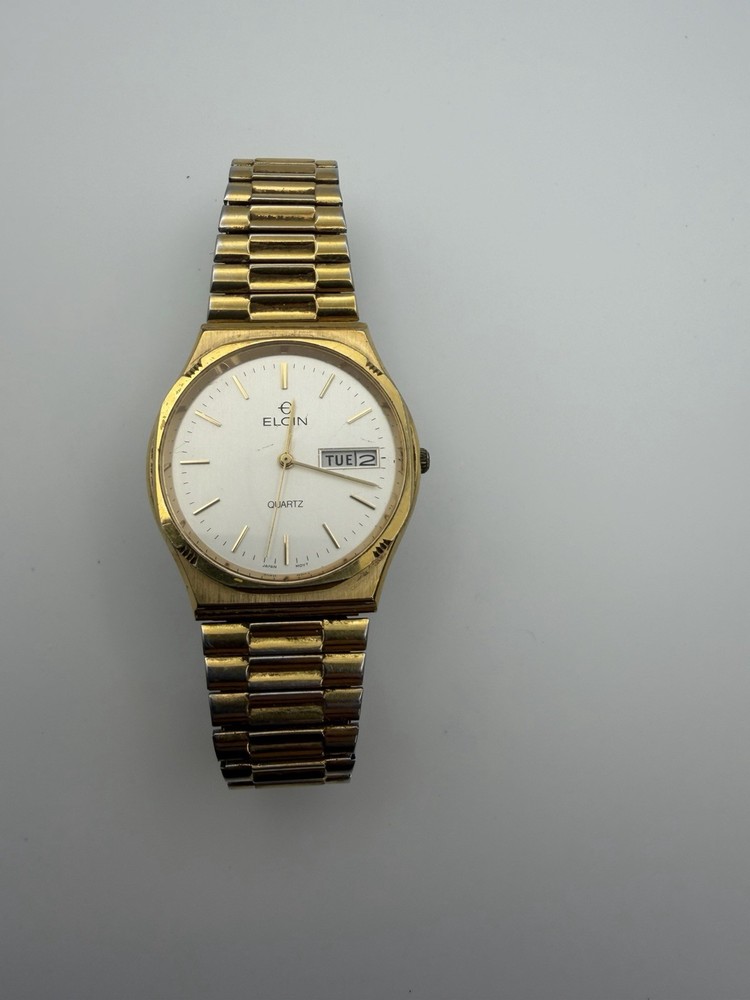 Elgin Quartz Men’s Dress Watch – Gold Tone Bracelet – Silver Dial – Day/Date