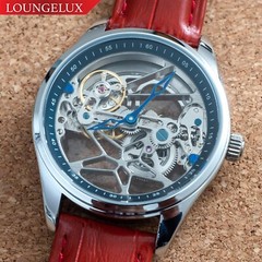 Mens Flywheel Bridge Movement Automatic Mechanical Watch Silver Red Leather Gift