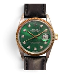 Rolex Datejust 36 mm Two Tone Green Diamond Dial Leather Watch 16013 Circa 1985