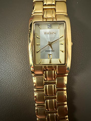 Elgin Rectangle Dress Watch Quartz Diamond Accent Date Gold Tone Bracelet