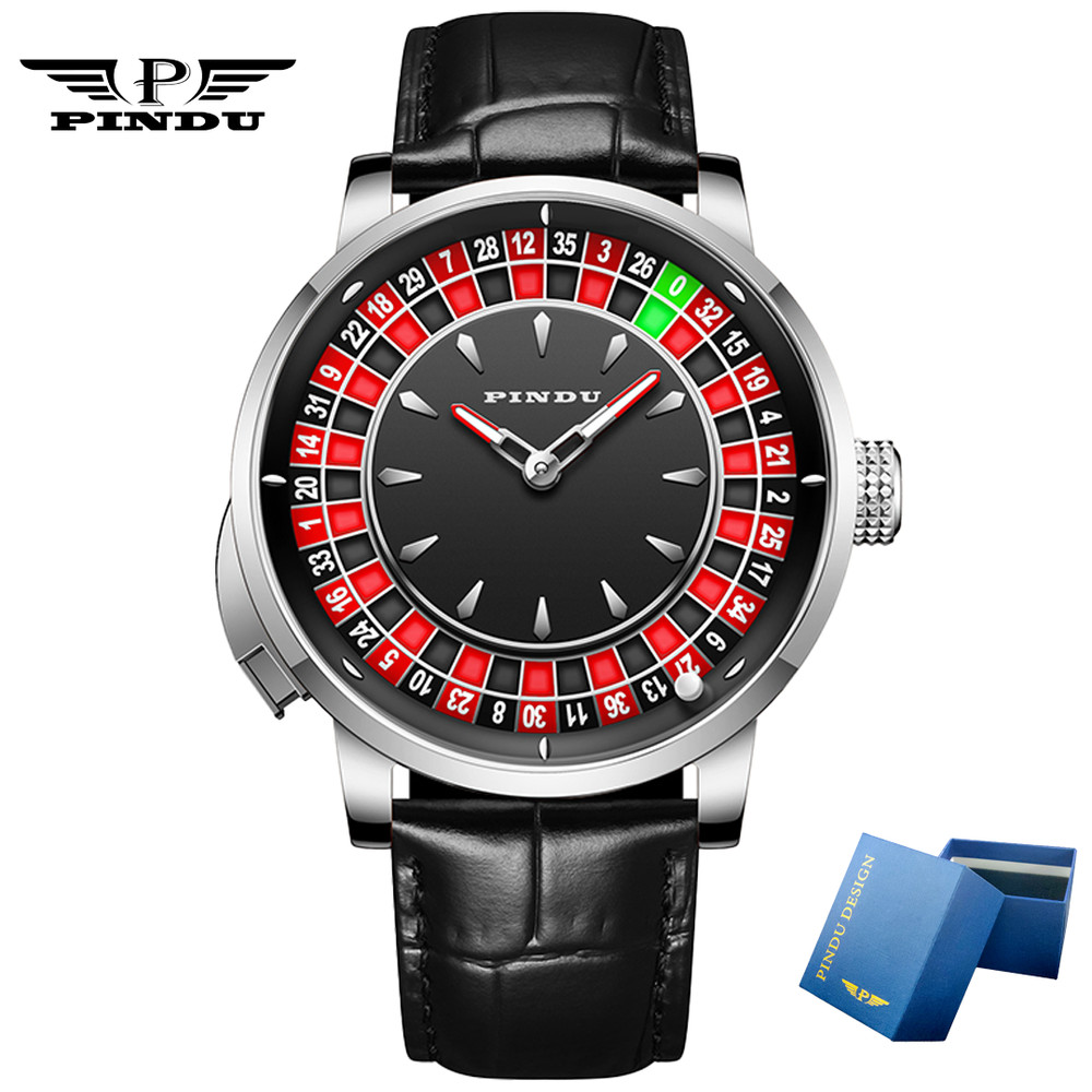 2025 PINDU Men&rsquo;s mechanical watch silver shell black belt gambling button luxury