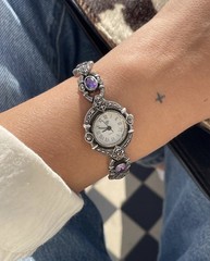 Vintage 1990s Solid Sterling Silver Ladies Marcasite And Amethyst Wristwatch