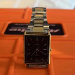 Elgin Quartz Rectangle Analog Dress Watch Black Dial Two-Tone Metal Bracelet