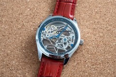 Mens Flywheel Bridge Movement Automatic Mechanical Watch Silver Red Leather Gift