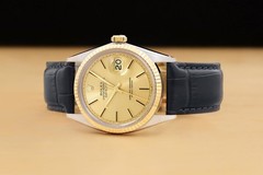 ROLEX MENS DATEJUST 1601 CHAMPAGNE DIAL14K GOLD STEEL BLUE LEATHER BAND WATCH