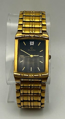 Elgin Diamond Quartz Mens Vintage Gold Tone Rectangle Bracelet Black Dial