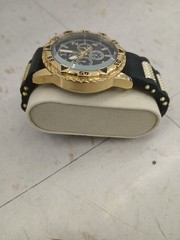Gold Tone Quartz Chronograph Analog Wristwatch Black Rubber Strap Black Dial