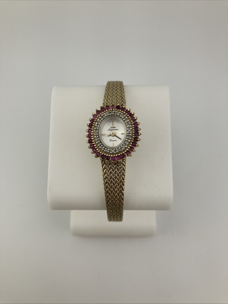 Vtg Jules Jurgensen Ladies 20mm Watch Gold Tone Diamon & Ruby Bezel Adjust -RUNS