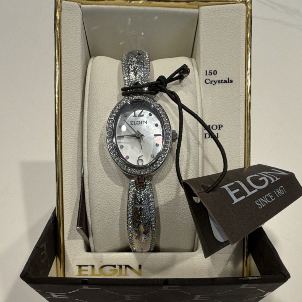 Elgin Women’s Quartz Analog Oval Watch Mother of Pearl Dial Silver Bracelet NIB
