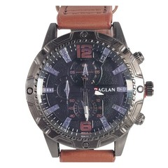 Raglan Men&rsquo;s Quartz Watch Black Dial Brown Band 43.9mm Case Chrono Look NEW