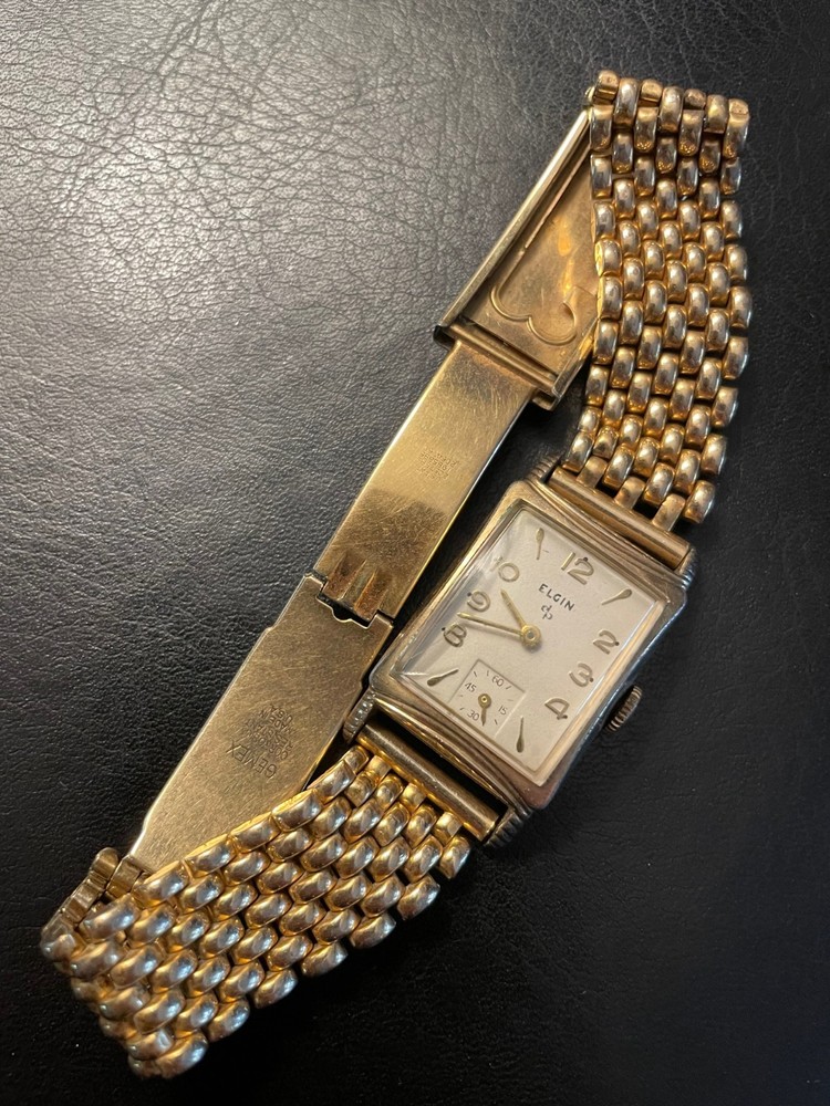 RUNS Elgin 673 Gold Filled Tank w/ GEMEX Beads of Rice BOR 16mm Art Deco Band