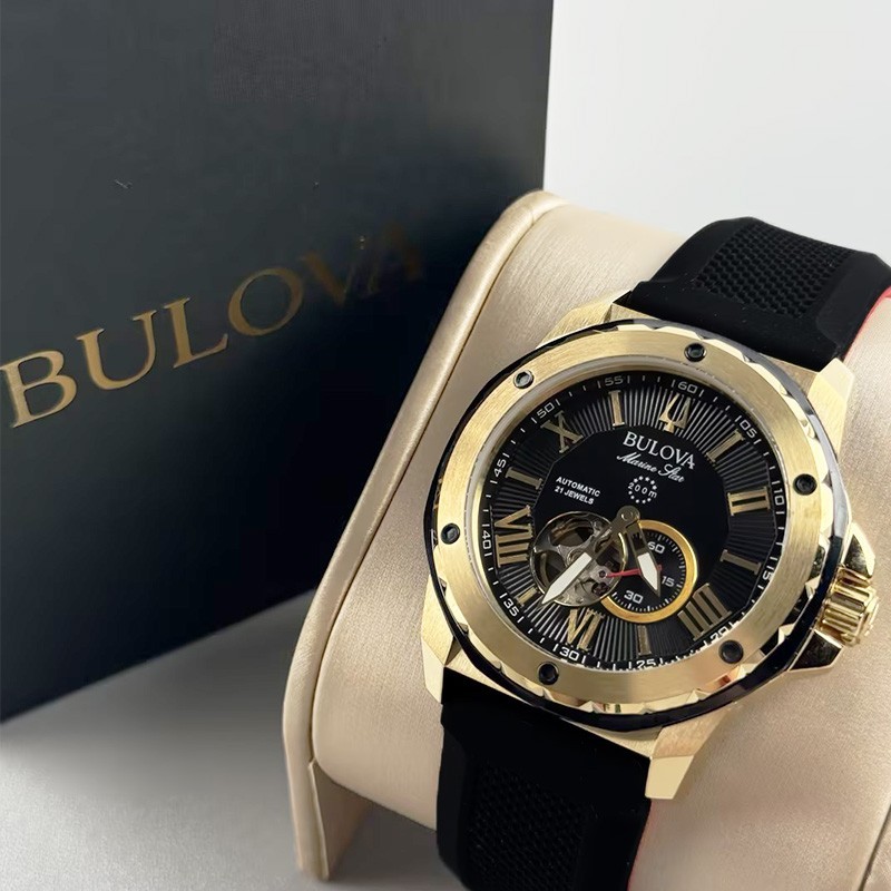 Bulova Marine Star 98A272 Automatic Men&rsquo;s Watch Black Gold Dial Rubber Strap