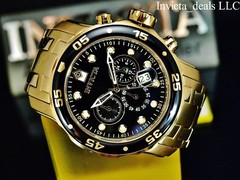 Invicta Men 48mm Pro Diver SCUBA Chronograph Black Dial 18k Gold Plated SS Watch