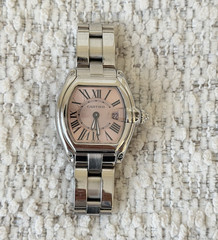 Cartier Roadster 30mm Pink Dial Quartz Date SS Bracelet 100m Women’s