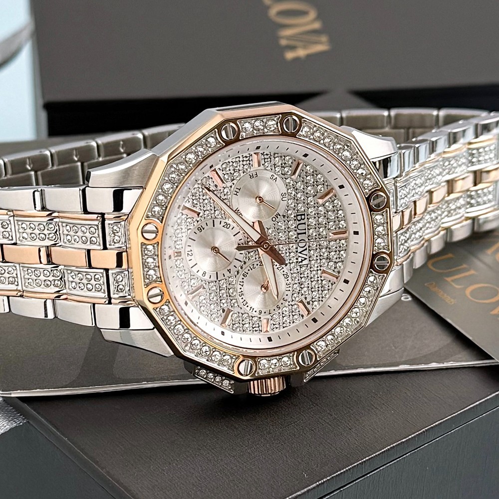 Men&rsquo;s Bulova 98C133 Octava Crystal White Dial Stainless Quartz Watch 41.5mm