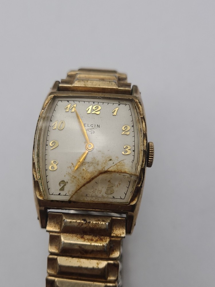 Vintage Elgin Tank Dial 10KRGP Mechanical Watch Running Broken Crystal Repair