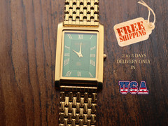Seiko Slim Quartz Men Green Dial Gold Strap Dress Vintage Watch