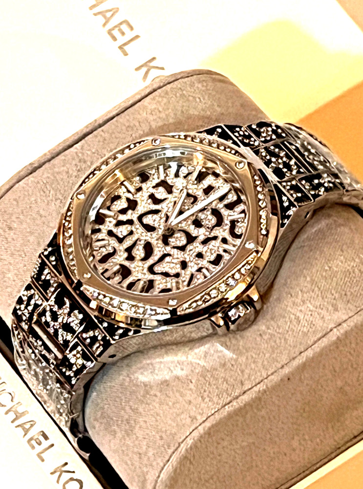 MICHAEL KORS MK7408 Lennox Animal Pavé SILVER-Tone Ladies Watch BNWT G/Box $550