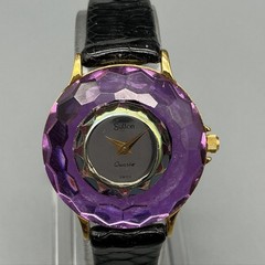 Vintage Sulton Womens Watch 13mm Purple Faceted Bezel Leather New Battery