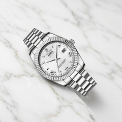 Men Beveled White Dial Business Watch Stainless Steel Quartz Luminous Wristwatch