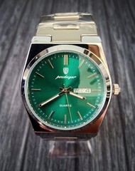 Vintage Swiss Design Green Burst Dial Day Date Mens Watch