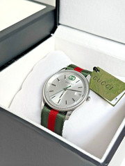 Gucci G-Timeless Silver Dial Green and Red Nylon Strap Watch 38mm YA1264236
