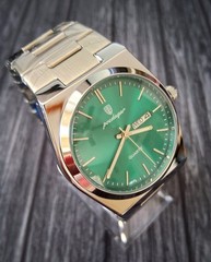 Vintage Swiss Design Green Burst Dial Day Date Mens Watch
