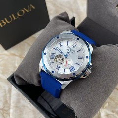 Bulova Marine Star Blue/WhiteDial Red Silicone Men&rsquo;s Automatic 98A225 Watch 45mm