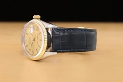 ROLEX MENS DATEJUST 1601 CHAMPAGNE DIAL14K GOLD STEEL BLUE LEATHER BAND WATCH