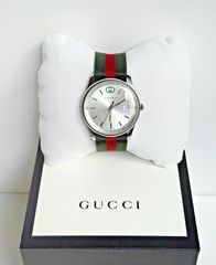 Gucci G-Timeless Silver Dial Green and Red Nylon Strap Watch 38mm YA1264236