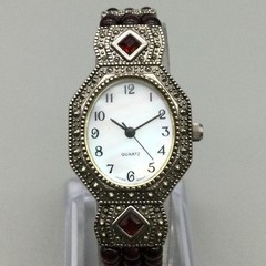 Avon Womens Watch 23mm Marcasite Red Bead Bracelet Silver Tone New Battery 6.5&Prime;